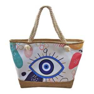 42-3120 Τσάντα Παραλίας Ύφασμα Ψαθόχαρτο με Μάτι